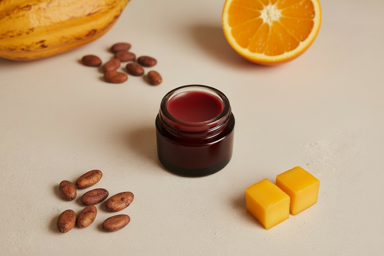 Labial con fruta de cacao naranja y mango
